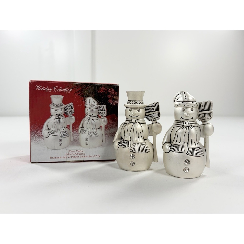 Godinger Silver Plated Snowman Salt and Pepper Shakers Rhinestone Christmas VTG‎